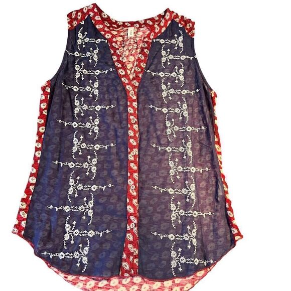 Anthropologie Tiny red navy cream silk embroidered sleeveless top XS - Picture 1 of 10